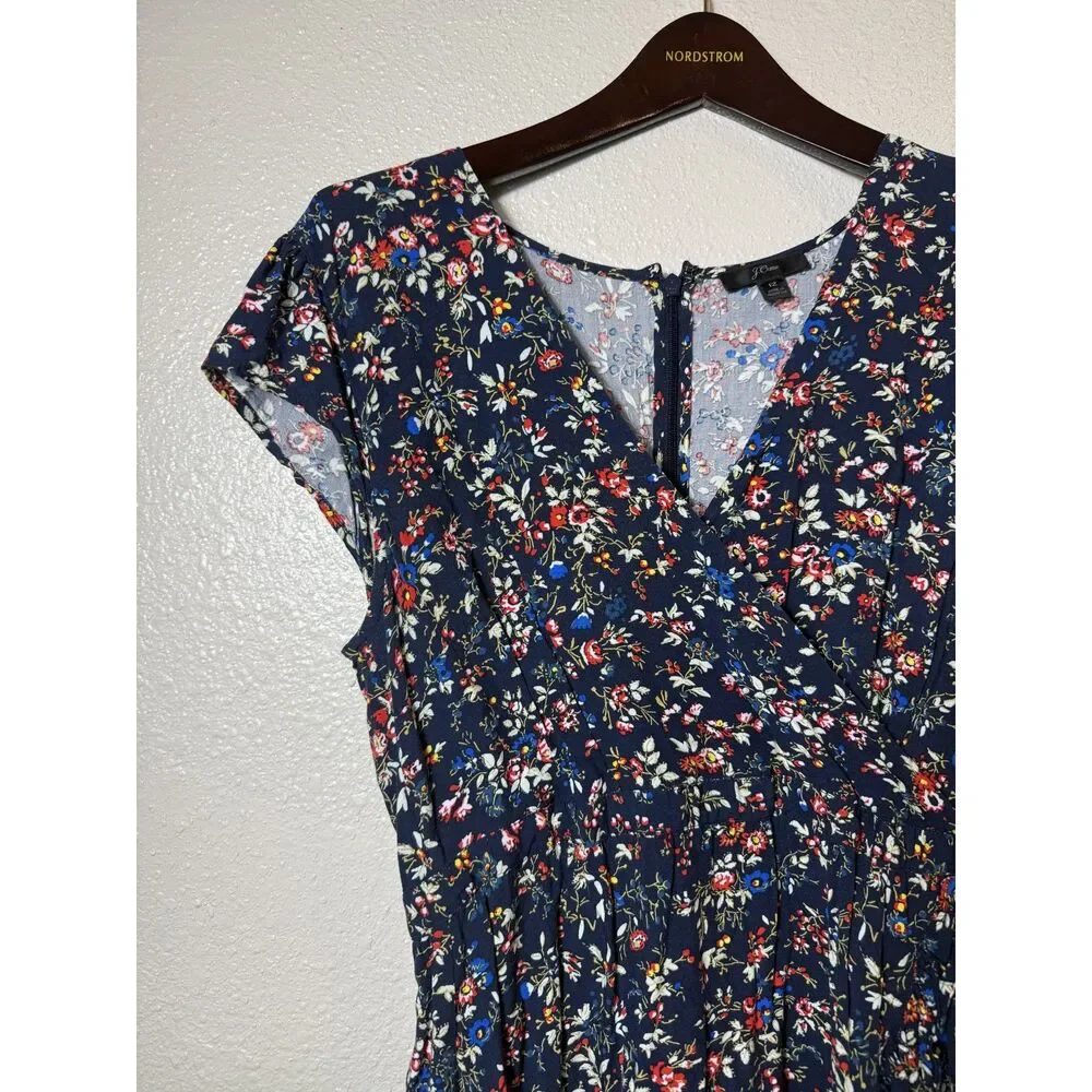 J.Crew Floral Faux Wrap Mini Dress Navy Blue V-Neck Ruffle Hem Size 12